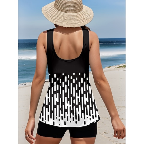  Kvinnors Bikinis Swimdresses 2 Delar Tankini Baddräkt Rygglös Mage Kontroll Hög Midja Slank Semester Strand Kläder Geometrisk U Hals Ärmlös Badkläder