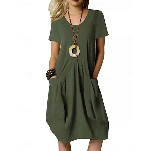 Pentru femei Rochie Mini Rochii de in bumbac Rochie casual Stilat De Bază Casual Vacanță Zilnic Fit regulat Simplu Manșon scurt În V Negru Kaki Verde Militar Vară Primăvară