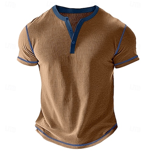 Men's Waffle Henley Shirt Tee Short Sleeve Solid Color Buttons Henley Outdoor Casual Daily Summer Black White Yellow Henley T-Shirt