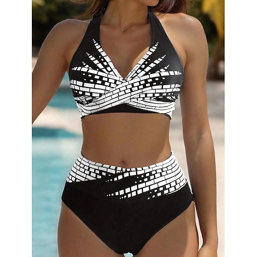  Női fürdőruhák bikini 2 részes pici fürdőruha hátsó nélküli nyaralás tengerparti viselet geometrikus pánt nélküli ujjú fürdőruhák