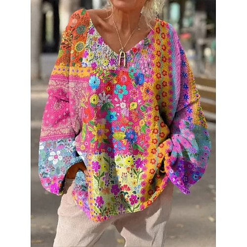 Femme Pull Chandail Décontractées Flexible Floral Graphic A côtes Col V Tricoté Imprimer manche longue Hauts réguliers Tricoter Extérieur du quotidien Fin de semaine Rose Claire Bleu Automne Hiver
