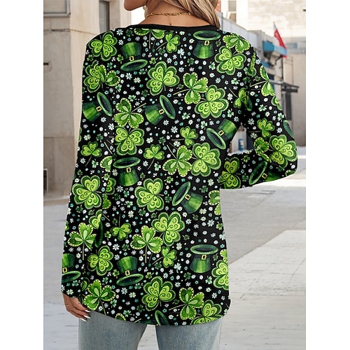  St. Patrick's Day Women's T Shirt Shamrock Casual Long Sleeve V Neck Regular Tops Daily Buttons Print Green Spring Fall