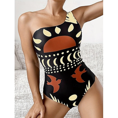  Kvinnors Baddräkter En Del Monokini Baddräkt Rygglös Magkontroll Hög Midja Smal Semester Vintage Grafisk Asymmetrisk Hals Ärmlösa Badkläder