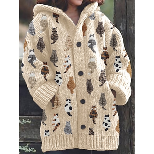 Per donna Felpa Cardigan Informale Morbido Floreale Animali A coste Con cappuccio Bottoni Tasche Lavorato a maglia Manica lunga Top regolari Maglia Esterno Giornaliero Fine settimana Verde Cachi