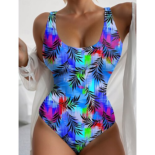  Maillots de bain pour femmes Maillot de bain Monokini Une pièce Dos nu Contrôle ventre Taille haute Ajusté Vacances Plage Vêtements Ombre Tropical U Cou Sans manches Costumes de bain