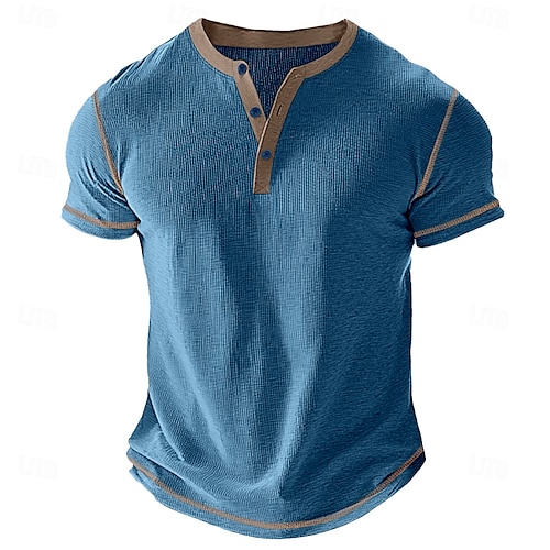  Men's Waffle Henley Shirt Tee Short Sleeve Solid Color Buttons Henley Outdoor Casual Daily Summer Black White Yellow Henley T-Shirt