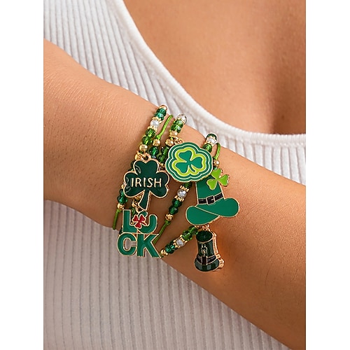  St. Patrick's Day Lucky Charm Bracelets – Irish Green Beaded Stretch Bracelet Set for Women, Festive Holiday Accessories with Shamrock and Letter Details