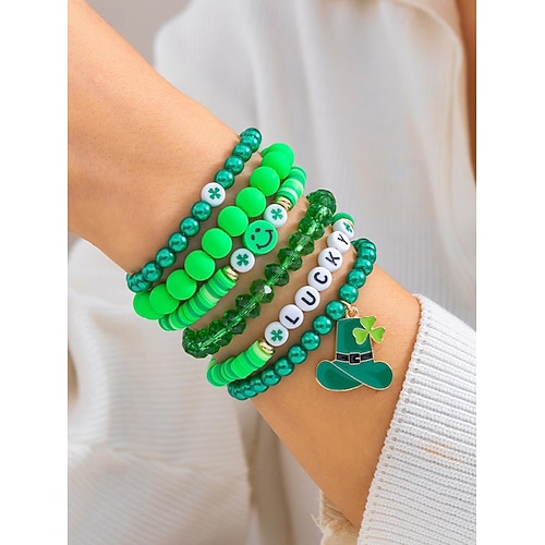 St. Patrick's Day Lucky Charm Bracelets – Irish Green Beaded Stretch Bracelet Set for Women, Festive Holiday Accessories with Shamrock and Letter Details