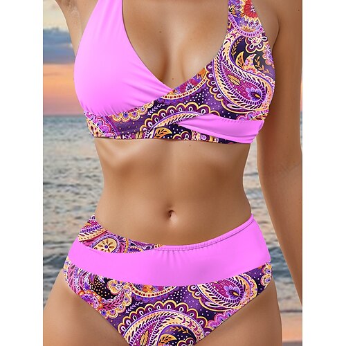  Dámské plavky Bikini 2 dílné Chic Plavky Bez zadní části Dovolená Plážové oblečení Paisley Halter výstřih Bez rukávů