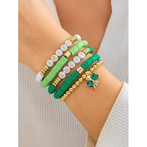  St. Patrick's Day Lucky Charm Bracelets – Irish Green Beaded Stretch Bracelet Set for Women, Festive Holiday Accessories with Shamrock and Letter Details