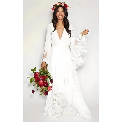 Abiti da Sposa Abito da Sposa in Spiaggia A-Line V Collo Maniche Lunghe Lunghezza Piena Chiffon Abiti da Sposa con Fusciacca  Nastro Colore Unito
