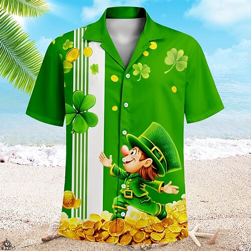 St. Patrick Herren Kleeblatt Goldmünze Lässiges Hemd Kurzarm Brautkleider schlicht St.Patrick's Day Sommer Frühling Umlegekragen Knopf hoch Schwarz Grün