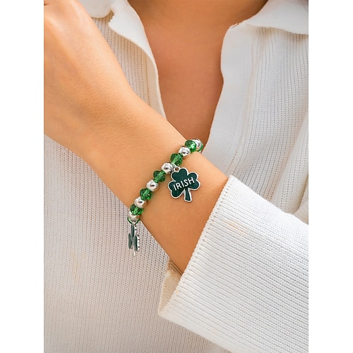  St. Patrick's Day Lucky Charm Bracelets – Irish Green Beaded Stretch Bracelet Set for Women, Festive Holiday Accessories with Shamrock and Letter Details