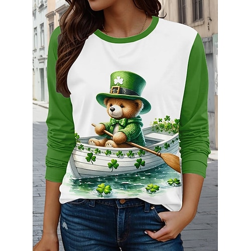  St. Patrick's Day Women's T shirt Daily Casual Long Sleeve Green Spring Fall