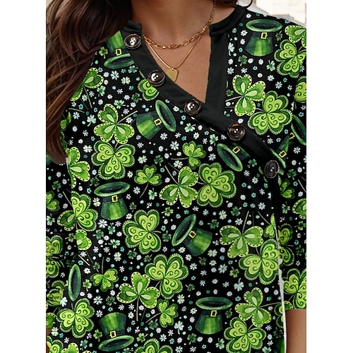  St. Patrick's Day Women's T Shirt Shamrock Casual Long Sleeve V Neck Regular Tops Daily Buttons Print Green Spring Fall