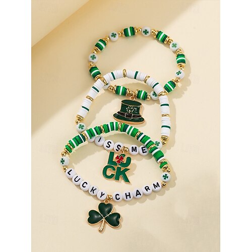  St. Patrick's Day Lucky Charm Bracelets – Irish Green Beaded Stretch Bracelet Set for Women, Festive Holiday Accessories with Shamrock and Letter Details