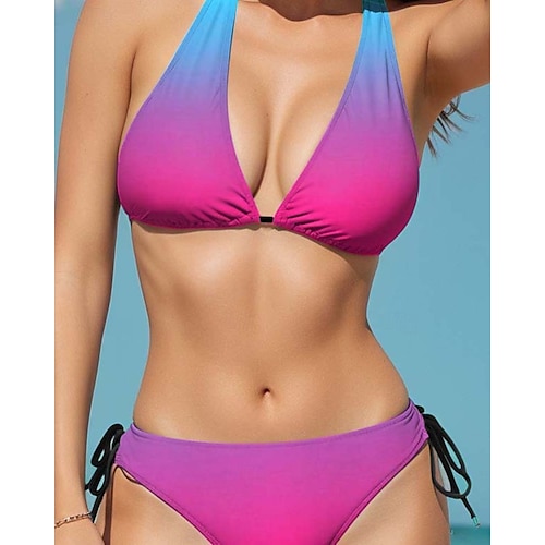  Maillots de bain femmes Bikini 2 pièces Maillot de bain dénudé Sans dos Slim Vacances Plage Ombre Col en V Sans manches