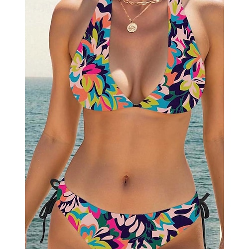 Maillots de bain femmes Bikini 2 pièces Maillot de bain échancré Dos nu Slim Vêtements de plage vacances Floral Col en V Sans manches