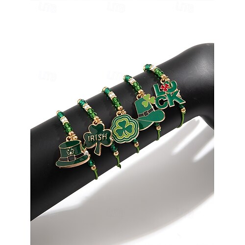  St. Patrick's Day Lucky Charm Bracelets – Irish Green Beaded Stretch Bracelet Set for Women, Festive Holiday Accessories with Shamrock and Letter Details