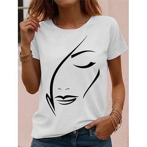 Per donna maglietta Nero Bianco Rosso Floreale Manica corta Informale Giornaliero Essenziale Rotonda Standard S