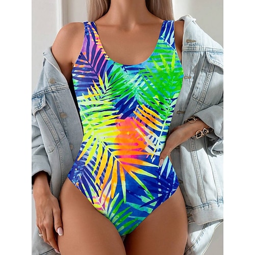  Wassimètres femme Maillot de bain une pièce Monokini Sans dos Contrôle du ventre Taille haute Slim Vacances Plage Wear Feuilles U Neck Sans manches