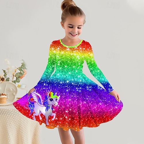  Girls' 3D Rainbow Unicorn Dress Long Sleeve 3D Print Fall Winter Vacation Sports & Outdoor Daily Cute Casual Beautiful Kids 3-12 Years Casual Dress A Line Dress Above Knee Regular Fit