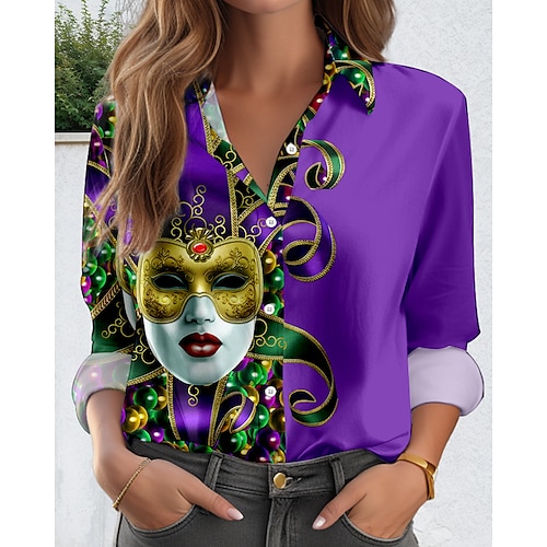 

Mardi Gras Women's Shirt Graphic Casual Long Sleeve Shirt Collar Regular Tops Daily Going out Buttons Print Purple Green Spring Fall Winter