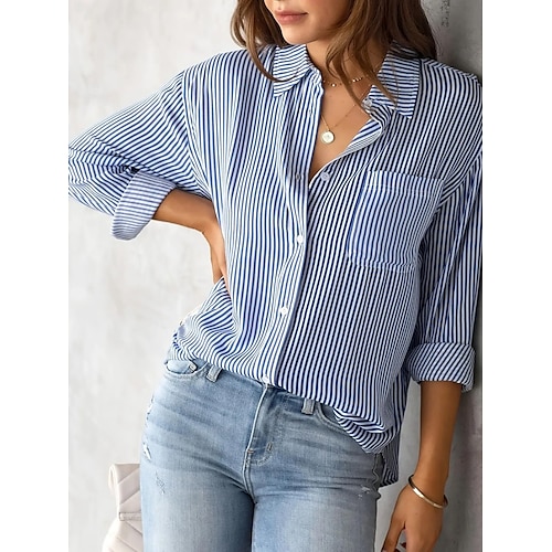 

Mulheres Camisa Social Blusa Listrado Básico Casual Manga Longa Colarinho de Camisa Tops regulares Diário Botões Imprimir Rosa Azul Roxo Cinzento Verão Primavera