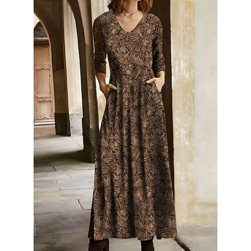 

Women's Winter Dress T Shirt Dress Tee Dress Floral Tribal Pocket V Neck Long Dress Maxi Dress Vintage Ethnic Daily Long Sleeve Fall Winter