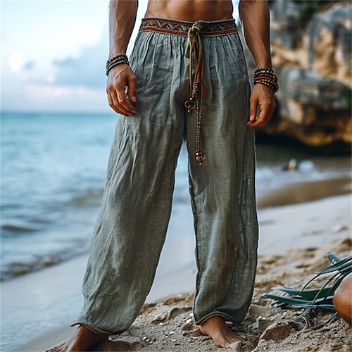 

Men's Linen Pants Trousers Summer Pants Beach Pants Patchwork Drawstring Woven Plain Comfort Breathable Full Length Casual Daily Holiday Vacation Fashion Green