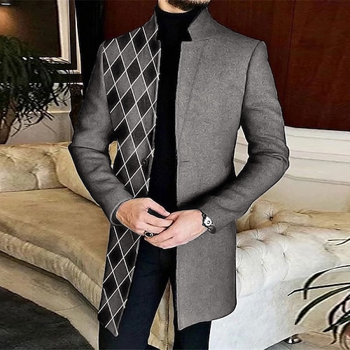 

Men's Plaid Argyle Graffiti Winter Coat Overcoat Coat Warm Breathable Comfortable Fashion Streetwear Business Work Wear to work Going out Pocket Print Fall & Winter Turndown Long Sleeve Black White