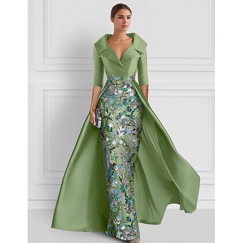 

Green Embroidered A-Line Evening Gown Elegant Dress Formal Wedding Floor Length Half Sleeve Shirt Collar Satin with Slit Appliques 2025