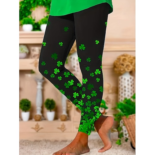 

leggings pour femme pour la Saint-Patrick, motif trèfle, longueur totale, noir, automne