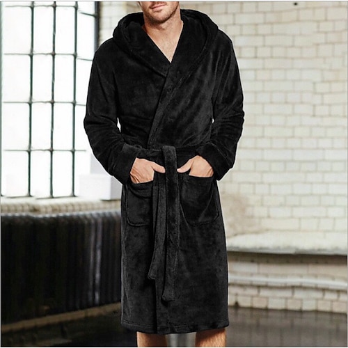 

Men's Plus Size Pajamas Robe Bathrobe Robes Gown Pure Color Stylish Casual Comfort Home Daily Flannel Comfort Warm Long Robe Pocket Fall Winter Black Red