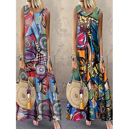 

Women's Normal Cotton Linen Dress Elegant Vintage Graphic Maxi Dress Sleeveless Crew Neck Patchwork Regular Fit Beach Red Green Summer