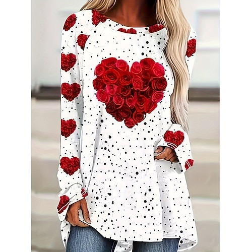 

Women's Valentine Heart T Shirt Cute Red Tee Casual Rose Long Tops Long Sleeve Crew Neck Print Regular Fit Valentine's Day Daily White Fall Winter