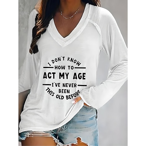 

Femme T shirt Tee Lettre Imprimer du quotidien Fin de semaine du quotidien basique manche longue Col V Blanche Automne hiver