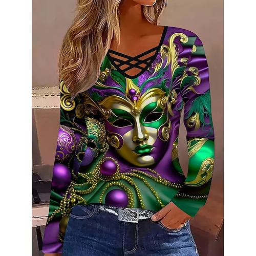 

Mardi gras Dames T-shirt T-shirts Grafisch Casual Lange mouw V-hals Normale tops Dagelijks Uitknippen Afdrukken Paars Groen Lente Herfst