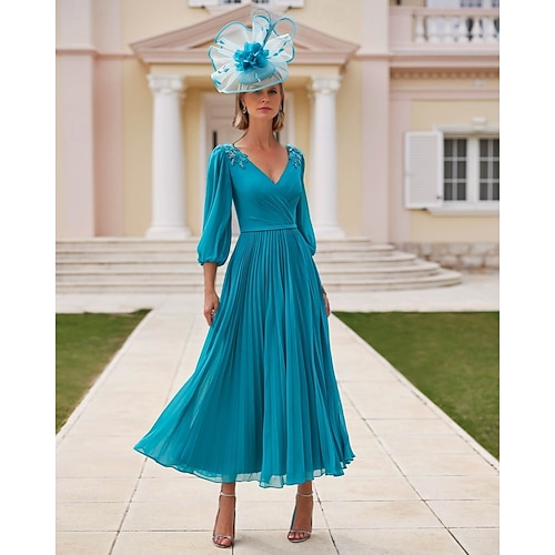 Robe A-Line Mariage de plage Robe Mère de la Mariée Élégante Col en V Longueur thé Long Chiffon Manches 3/4 avec dentelle Niveau solid couleur