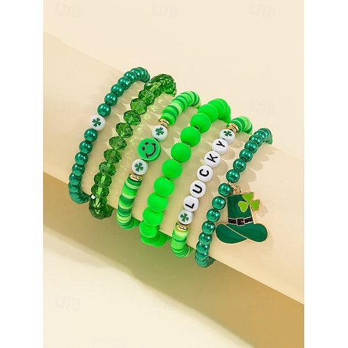  St. Patrick's Day Lucky Charm Bracelets – Irish Green Beaded Stretch Bracelet Set for Women, Festive Holiday Accessories with Shamrock and Letter Details