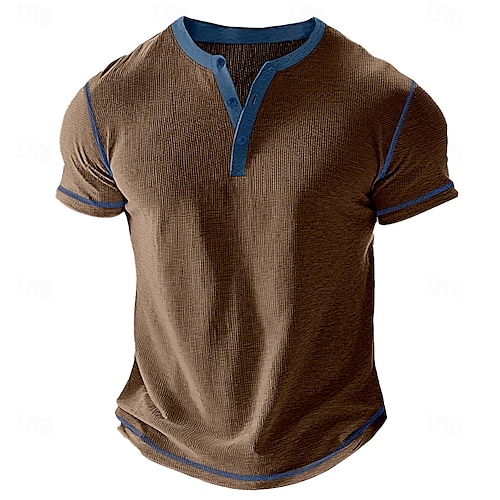  Men's Waffle Henley Shirt Tee Short Sleeve Solid Color Buttons Henley Outdoor Casual Daily Summer Black White Yellow Henley T-Shirt