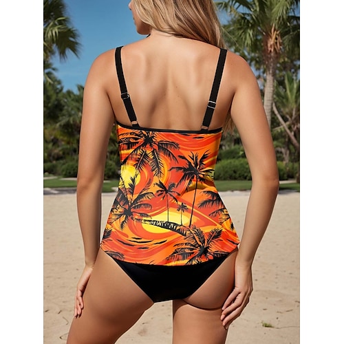  Damernas baddräkter Tankini 2 Del Cheeky Baddräkt Rygglös Magkontroll Hög Midja Slim Semester Strandkläder Grafisk U-Hals Ärmlös Badkläder