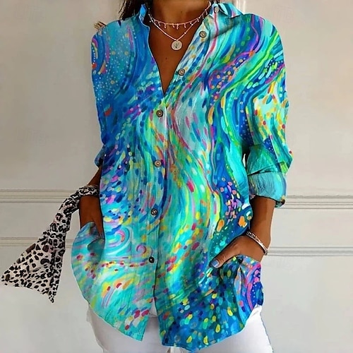 Havajské košile pro ženy volné topy vintage casual grafický geometrický dlouhé topy dlouhý rukáv košile límec patchwork knoflíky potisk formální fit dovolená práce každodenní světle modré letní