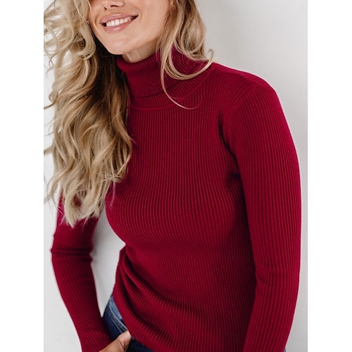 Femme Pull Chandail Décontractées Flexible Couleur monochrome A côtes Col Roulé Tricoté manche longue Hauts réguliers Tricoter Extérieur du quotidien Fin de semaine Noir Blanche Automne Hiver