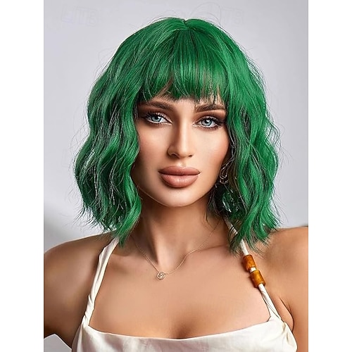 Wig with Bangs Short Wavy Wigs for Women Shoulder Length 