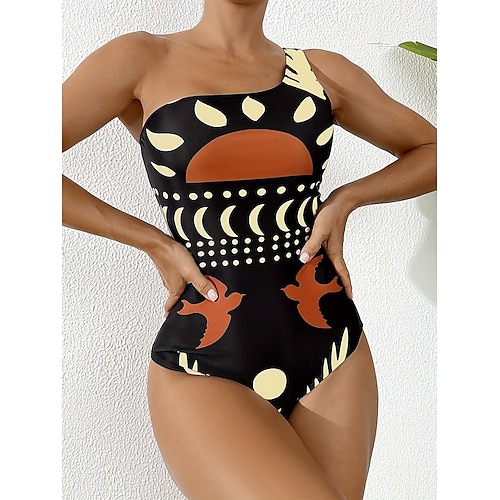  Kvinnors Baddräkter En Del Monokini Baddräkt Rygglös Magkontroll Hög Midja Smal Semester Vintage Grafisk Asymmetrisk Hals Ärmlösa Badkläder