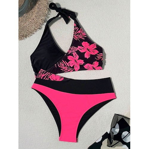  Női fürdőruha Bikini 2 részes Délceg fürdőruha Háttal szabad Vakáció Tengerparti viselet Virágos Nyakba akasztható Nélkülöző Fürdőruhák