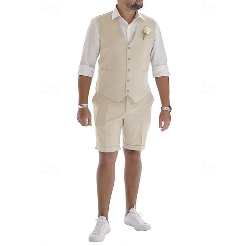  Men's Linen Suits Wedding Shorts Waistcoat Beach Summer Solid Formal Light Blue Sky Blue Dark Navy Colored Causal 2 Piece Tailored Fit