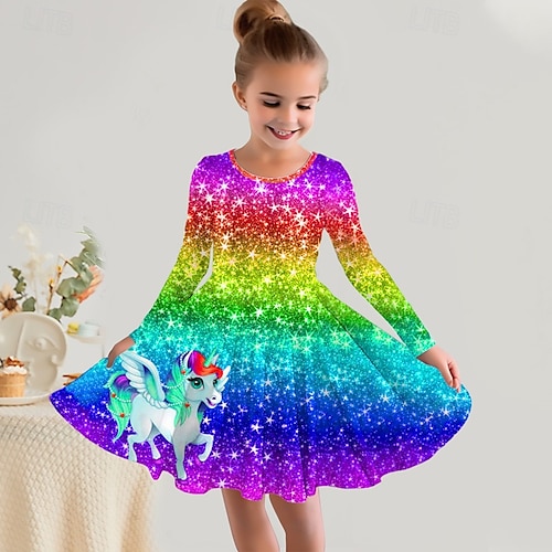  Girls' 3D Rainbow Unicorn Dress Long Sleeve 3D Print Fall Winter Vacation Sports & Outdoor Daily Cute Casual Beautiful Kids 3-12 Years Casual Dress A Line Dress Above Knee Regular Fit