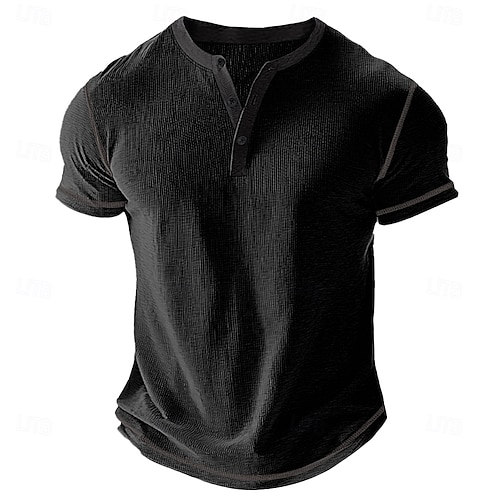  Men's Waffle Henley Shirt Tee Short Sleeve Solid Color Buttons Henley Outdoor Casual Daily Summer Black White Yellow Henley T-Shirt